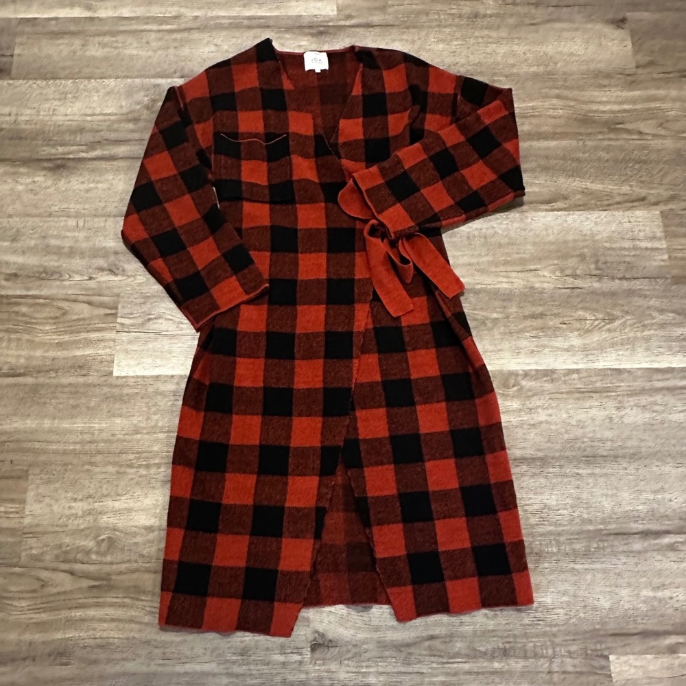J.O.A. Buffalo Plaid Knit Duster Cardigan Tie Sleeve Red Black Size L Pockets